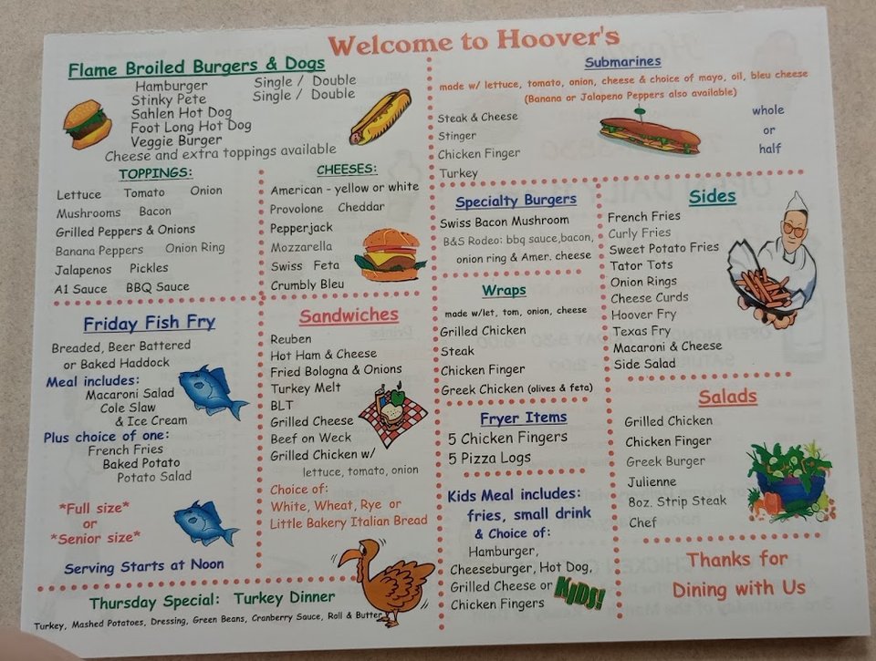 Restaurant menu with dinner specials listed.